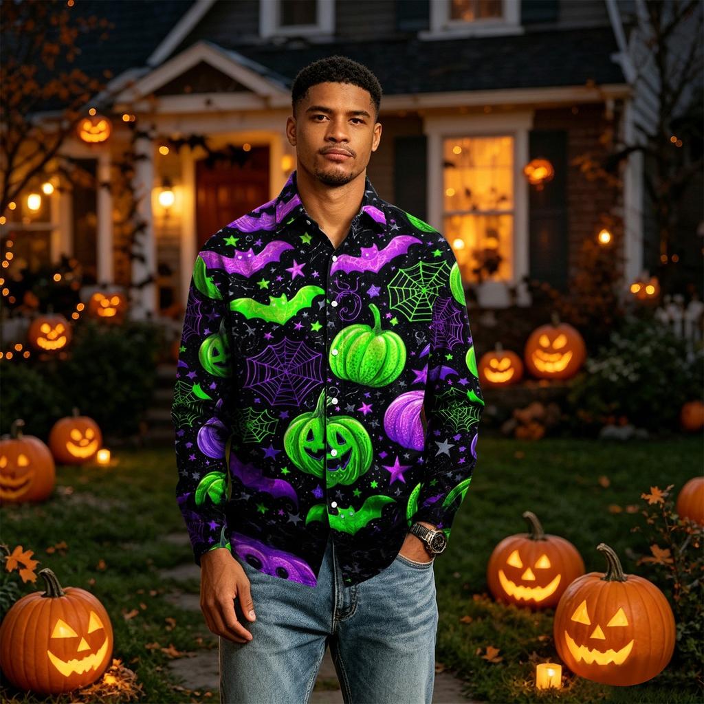Men's Long Sleeve Button Down Halloween Print Shirt