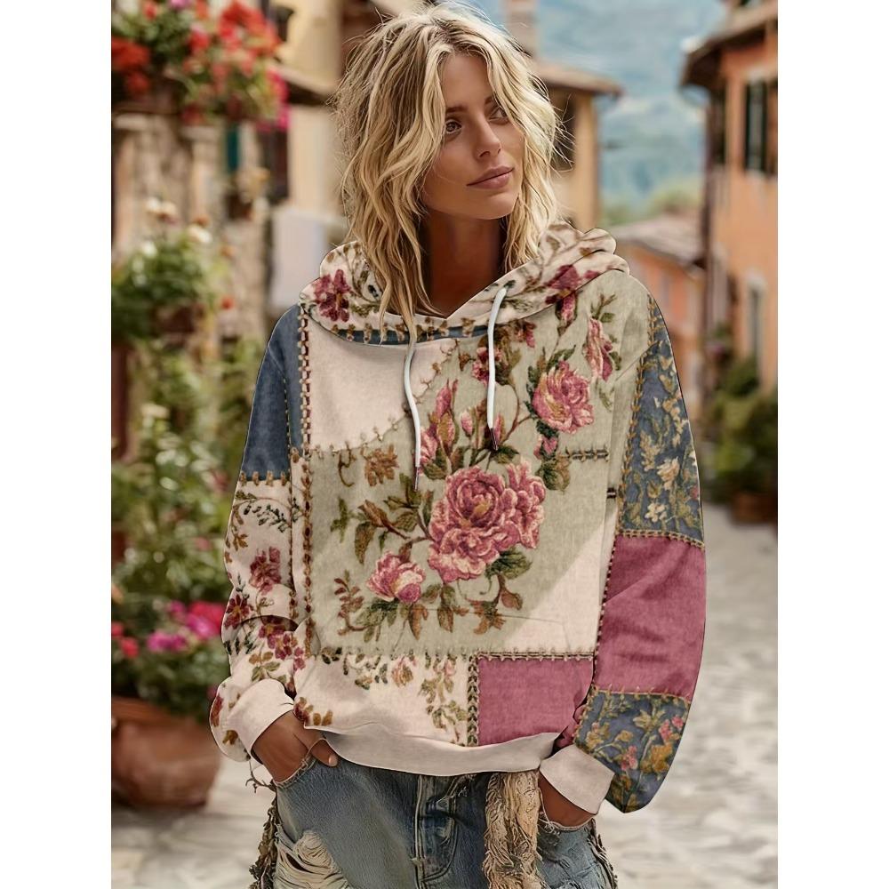 Весна Осень Цветочная 3D Печать Худи Женское Повседневное Европейский Американский Стиль Худи Уличная Одежда Толстовка Женская Одежда Топ S