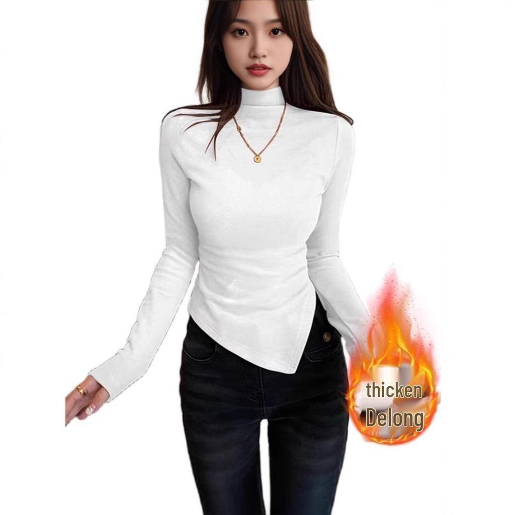 Women's Velvet Semi-High Neck Irregular Shoulder Long Sleeve Slim Fit Autumn Winter Top