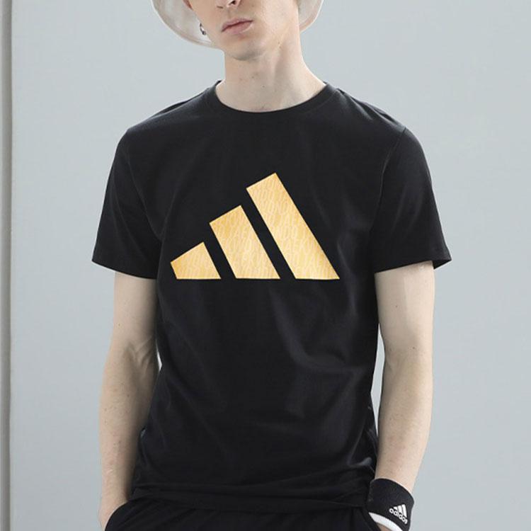 Adidas Printed Logo Casual Lightweight Quick-Dry Round Neck Short Sleeve T-Shirt Unisex Tops Black Gold ADICLTSPSTK-BG
