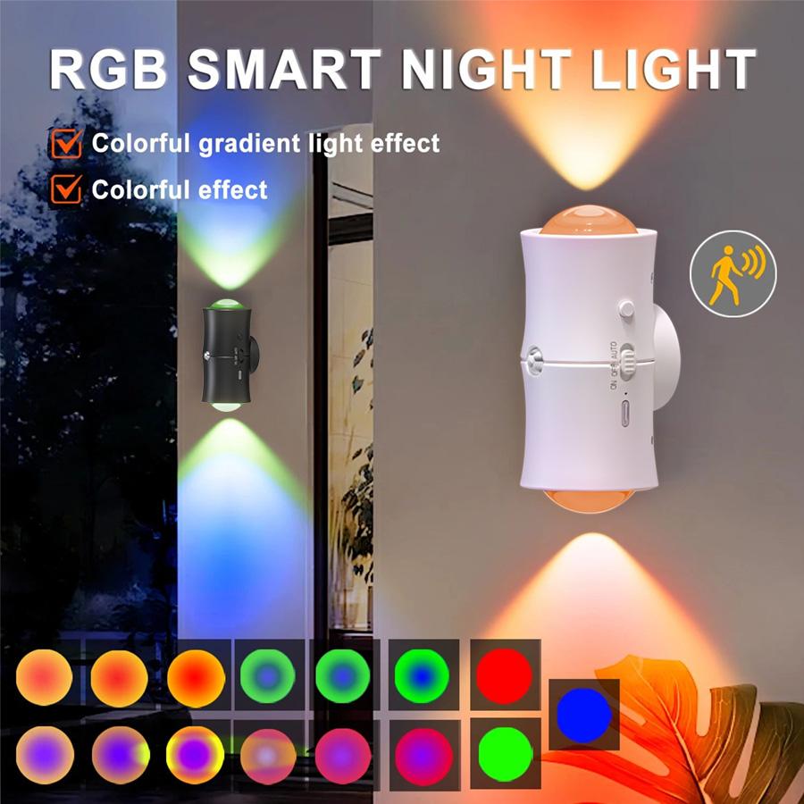 Motion Sensor LED Wall Light RGB Rechargeable Double-head Magnetic Spotlight for Bedroom Hallway Stair Ambient Lighting