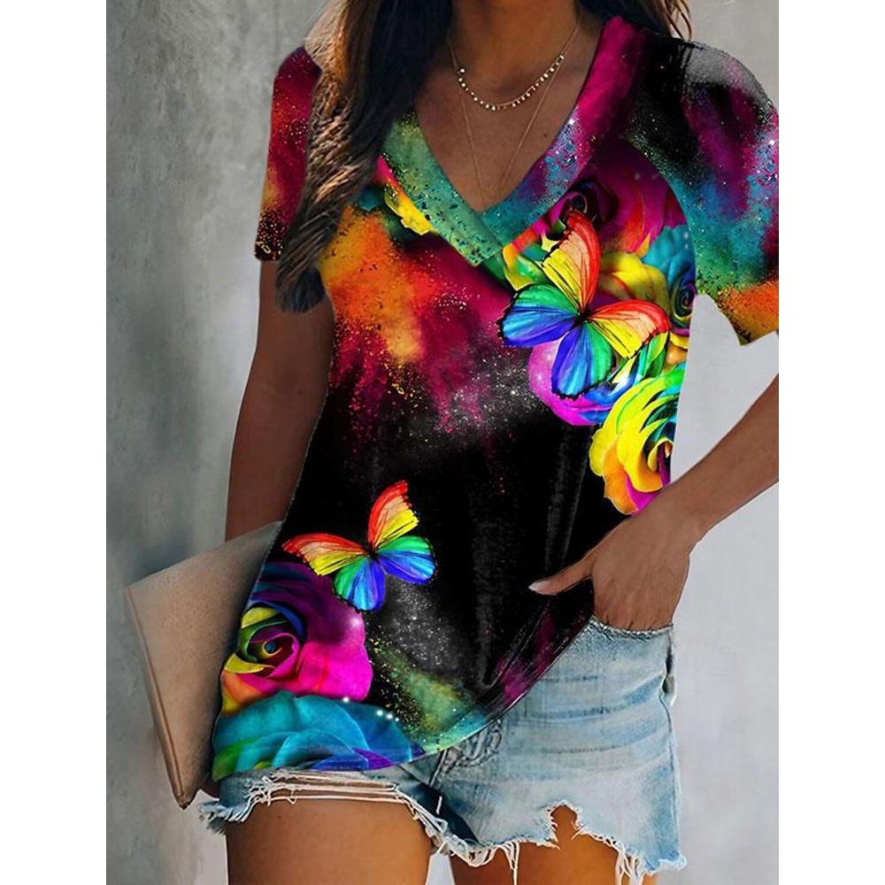 Print T-shirt Women Streetwear Casual T Shirts Y2k Tops Woman Harajuku V-Neck Tees Oversized Clothing