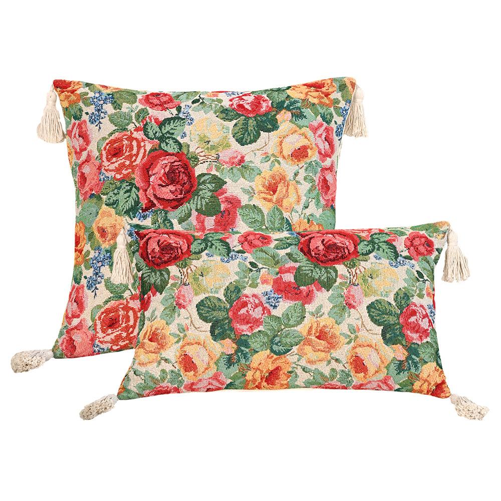 Retro European Style Cotton Linen Flower Cushion Pillowcase Living Room Sofa Backrest High Precision Jacquard Cushion Cover