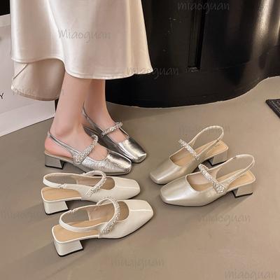 Sandali Donna Copri Punta Tacco Medio Tacco Alto Mary Jane Scarpe Singole Stile Fatata Estiva con Gonne Fondo in Gomma Punta Quadrata
