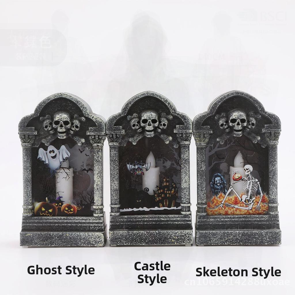 Halloween Tombstone Wind Lamp Creative Desktop Night Light Gray Luminous Plastic Ornament for Haunted House Secret Room