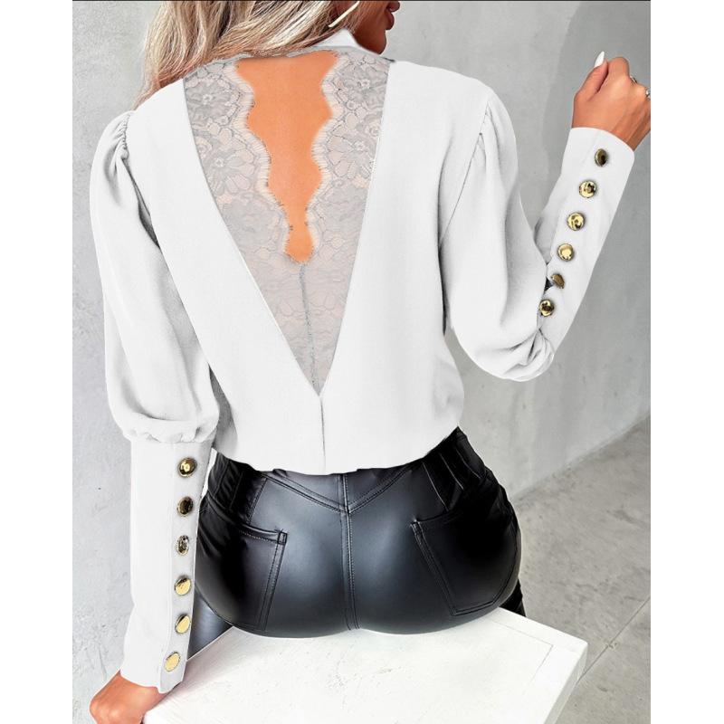 Primavera Outono Manga Comprida Sólida Gola Redonda Botão Camisa para Mulheres Blusas Elegantes