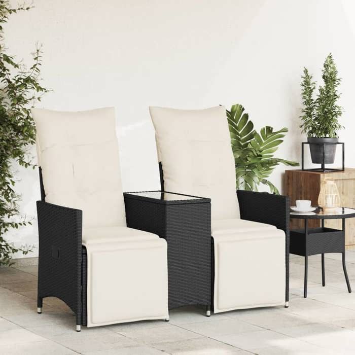 VidaXL Reclining 2-Seater Garden Sofa with Table Black Poly Rattan, Garden Sofa, Garden Seat, Furniture 365715