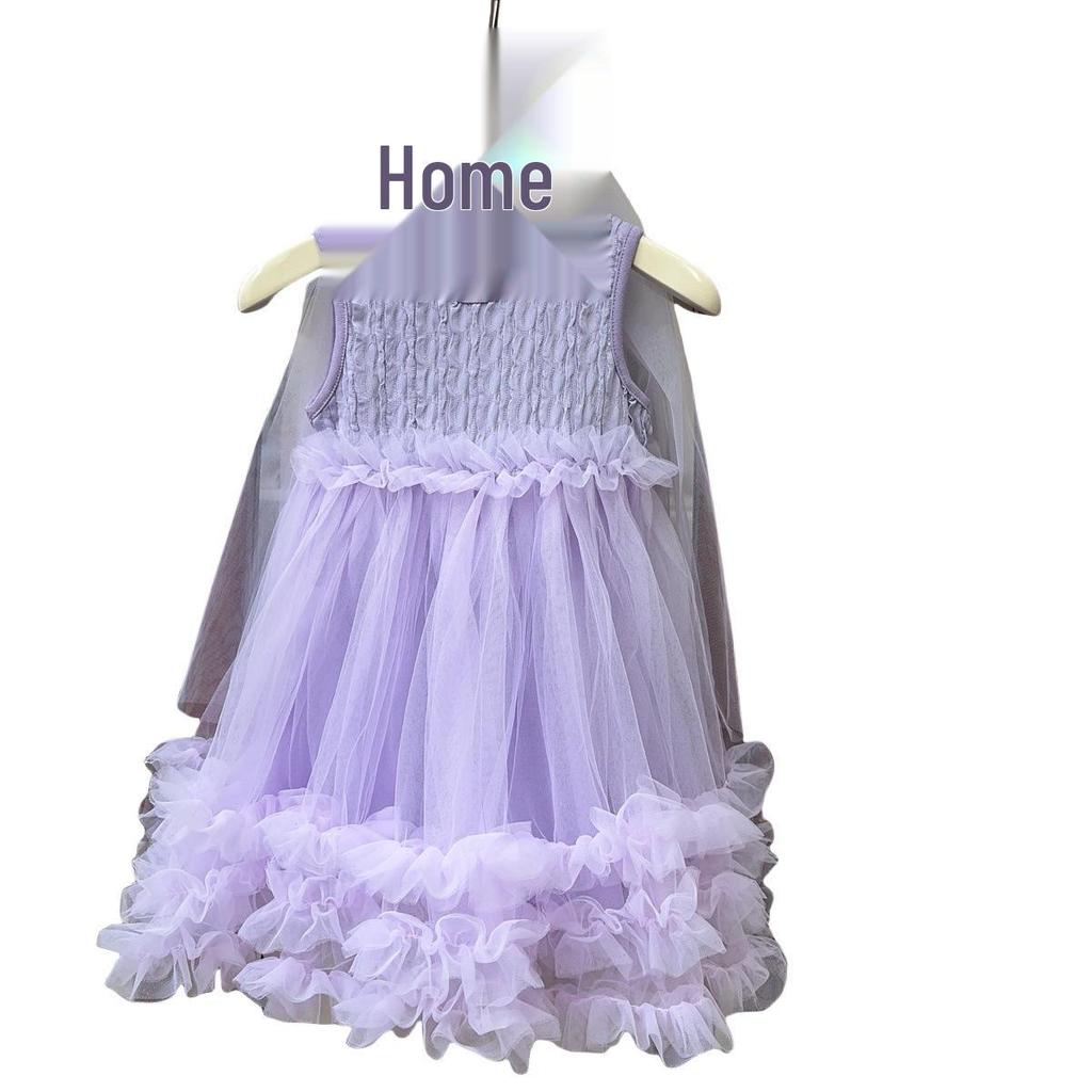 Girls' Sleeveless Korean-Style Tulle Dress with Bow