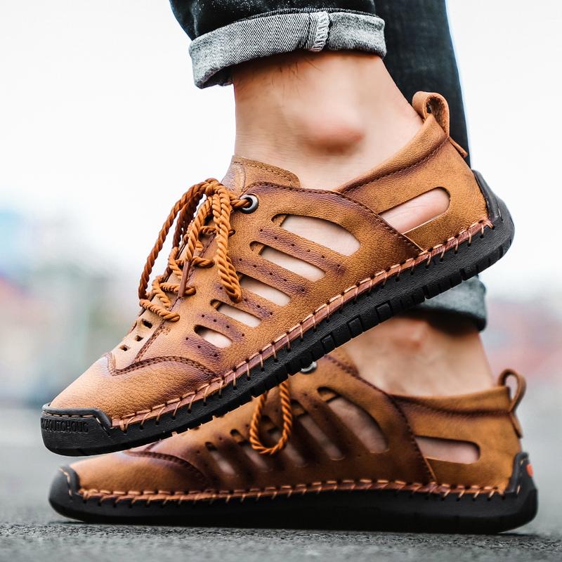 Fashion Big Size Men Leather Beach Sandals Outdoor 2024 Summer Handmade Men Shoes Men Breathable Casual Shoes Footwear Walking Sandals