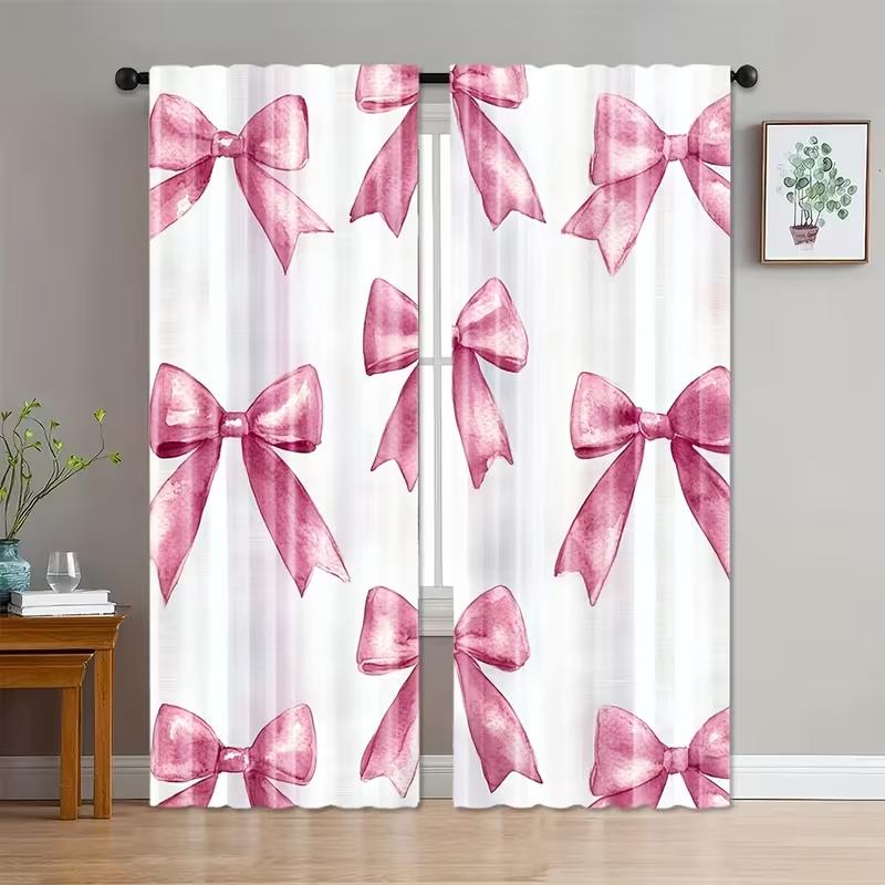 2PC Pink Watercolor Bow Curtains - Cute Girly Print Window Drapes for Girls Bedroom Living Room Decor