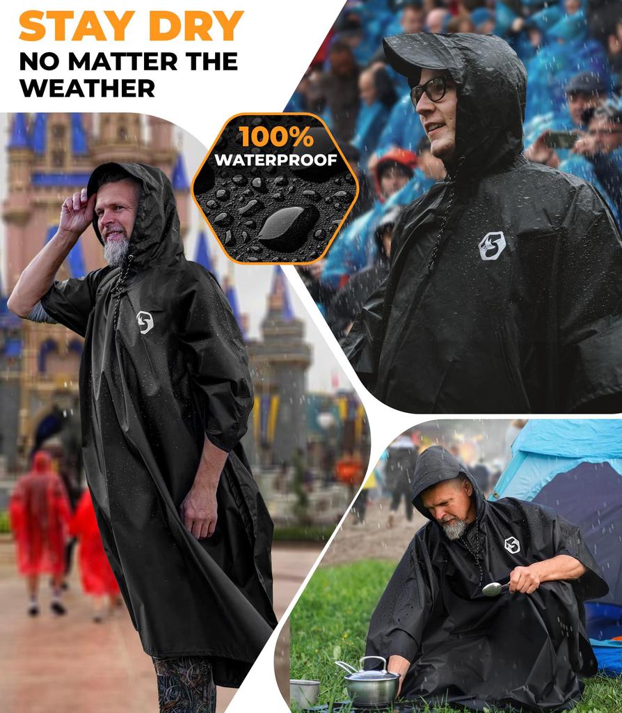 Foxelli Hooded Rain Poncho Waterproof Emergency Military Raincoat for Adults Men Women Lightweight Reusable Rain Gear for Camping Fishing Sporting
