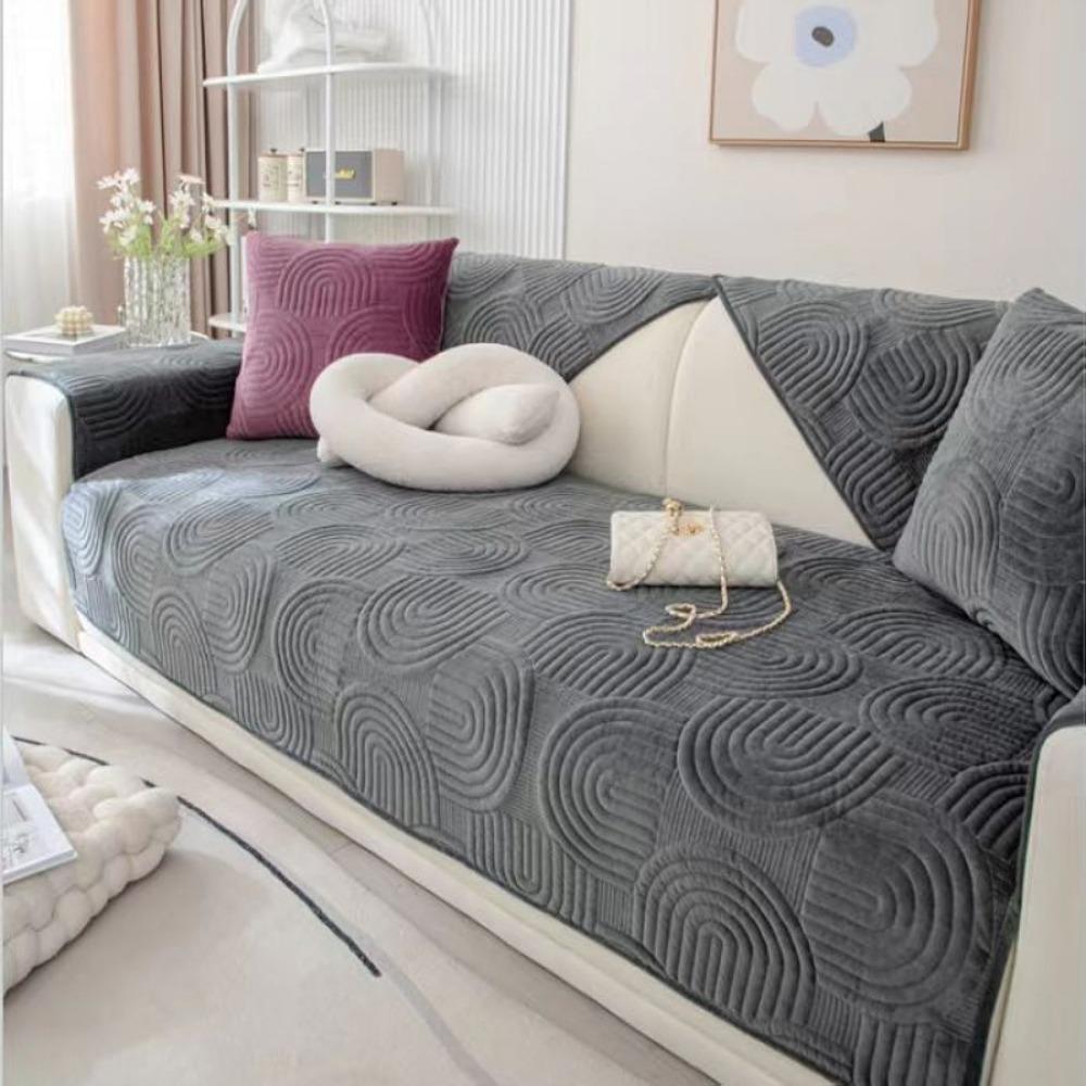 Winter Sofa Slipcover Thickened Flannel Quilted Anti Slip Couch Cover Solid Color