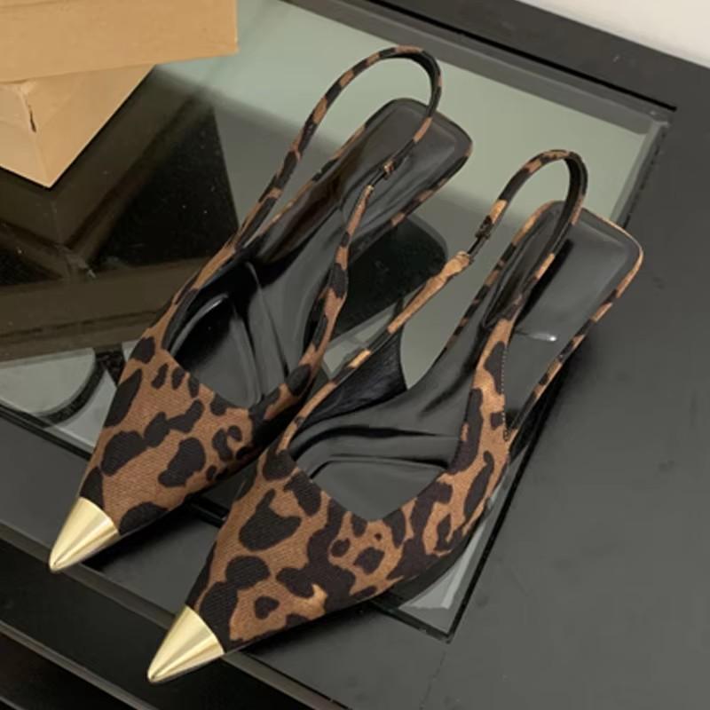 Módní dámské lodičky s špičatou špičkou, boty slingback, designové s leopardím potiskem, nízké tenké podpatky, pantofle, Zapatos De Mujer