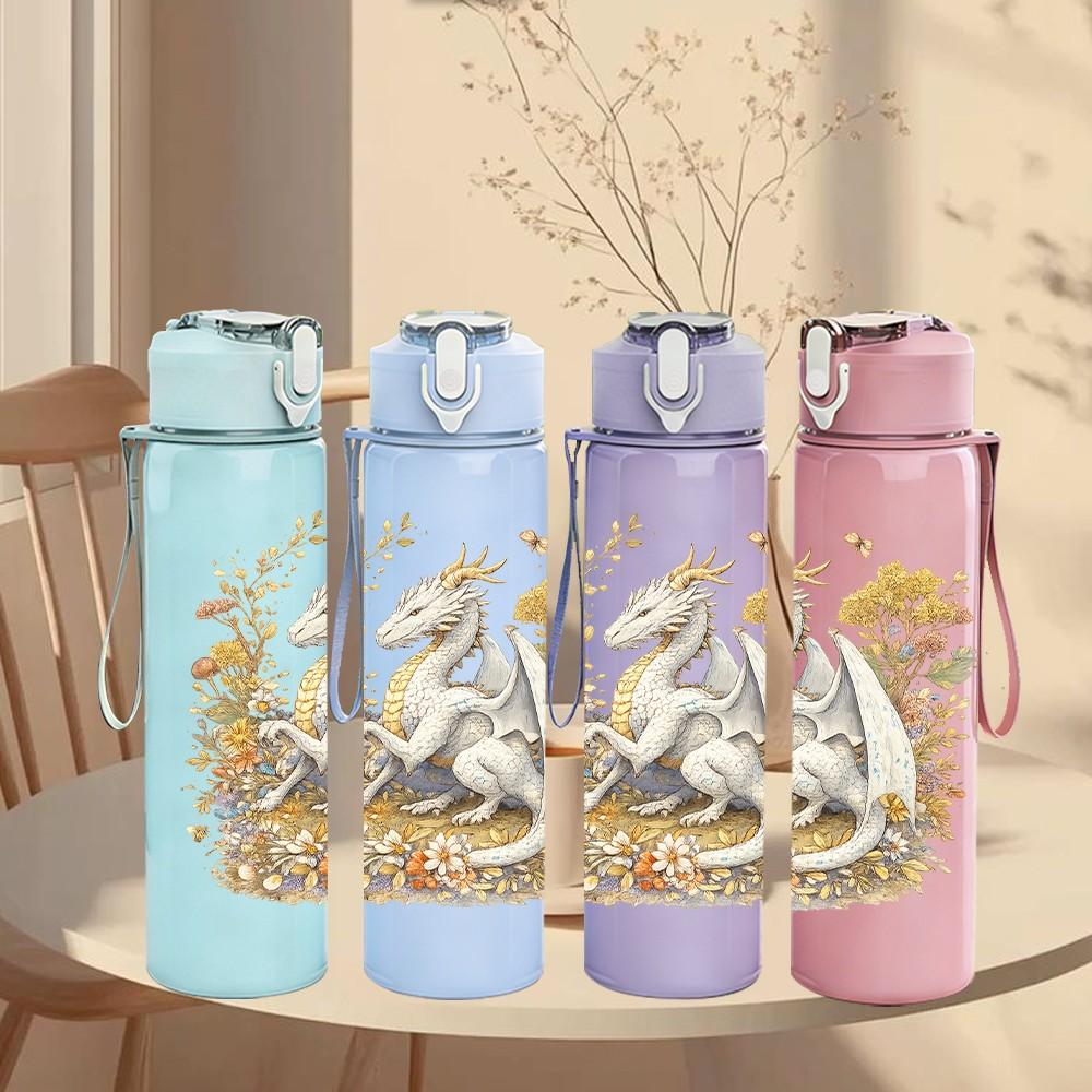 1PC White Gold Winged Dragon Print 750ml Color Plastic Sports Water Bottle Leakproof Flip Straw Lid Suitable for Sports Office Home Use