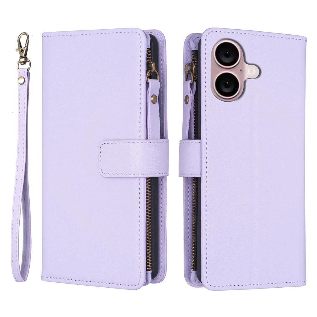 

BF Style-19 for iPhone 16 Plus Zipper PU Leather Phone Case Flip Wallet Phone Stand Cover Purple