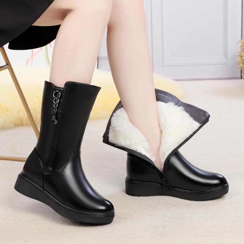 Women Boots Quality Genuine Leather Boot Fashion Mid-calf Leather Boot Thicken Wool Plush Warm Winter Boots Botas Invierno Mujer