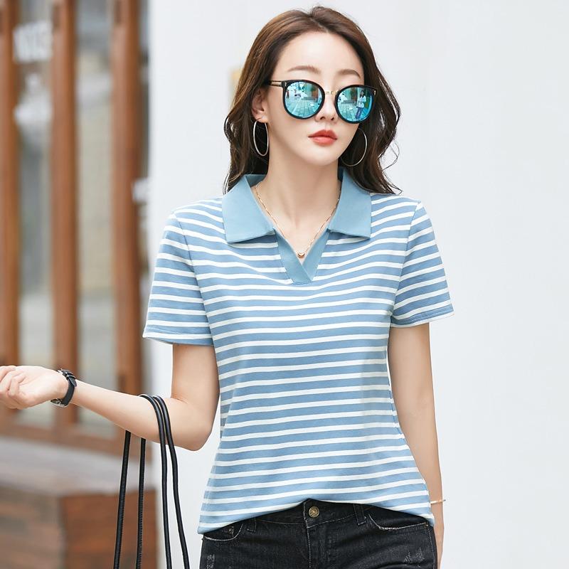 Summer Women's T-shirt POLO Collar Striped Lapel Comfortable Casual Short Sleeve T-shirt