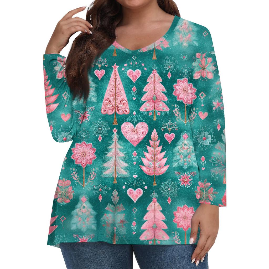 Women's Fashionable Casual Long Sleeved Plus Size  Print Top Plus Size Floral Print Top