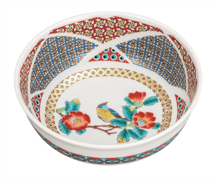 Kutani ware Iwataya, No. 6 bowl, gold pattern camellia and bird design, K9-277