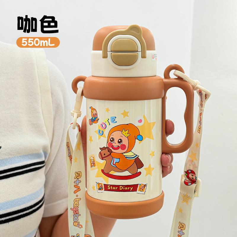 Double drink thermos cup Children's portable straw cup Small water cup with handle Kindergarten kettle Cartoon