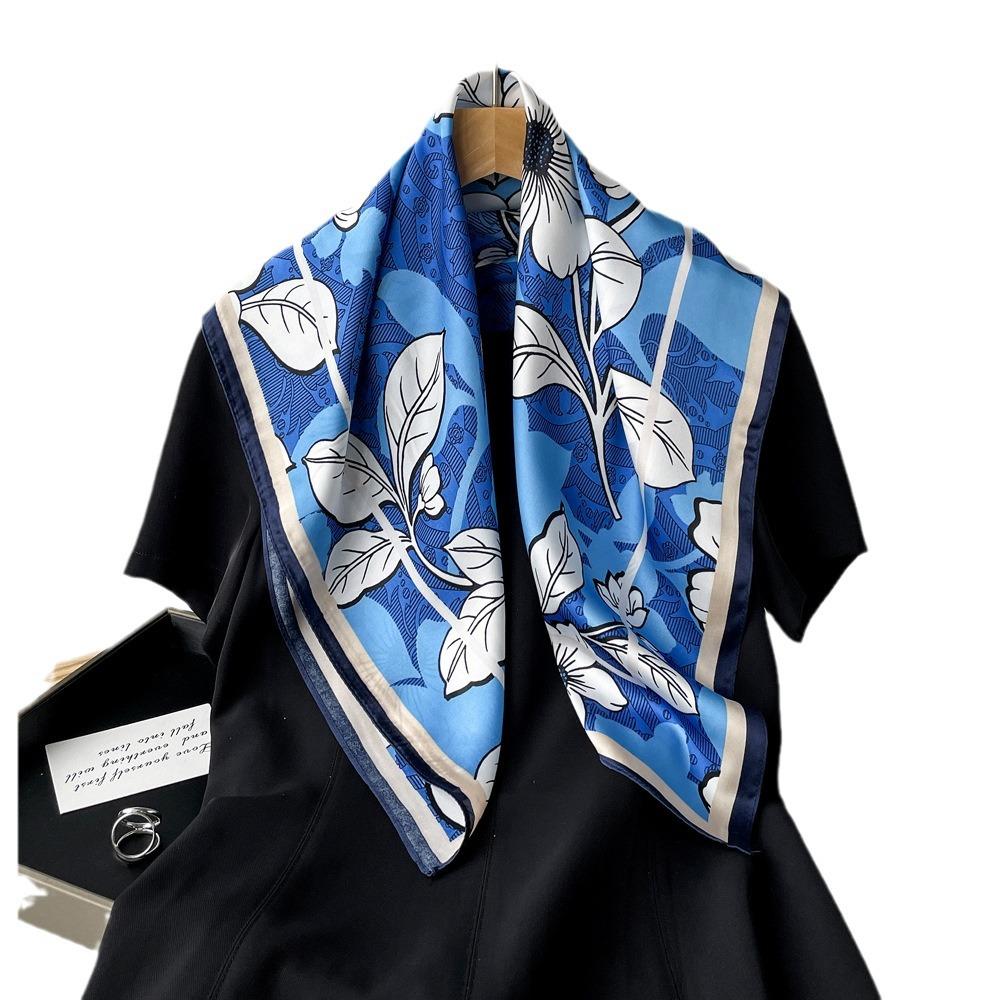 Premium Blue Silk Scarf Women's Small Square Scarf Headband Retro Flower Print New Scarf Satin Scarf
