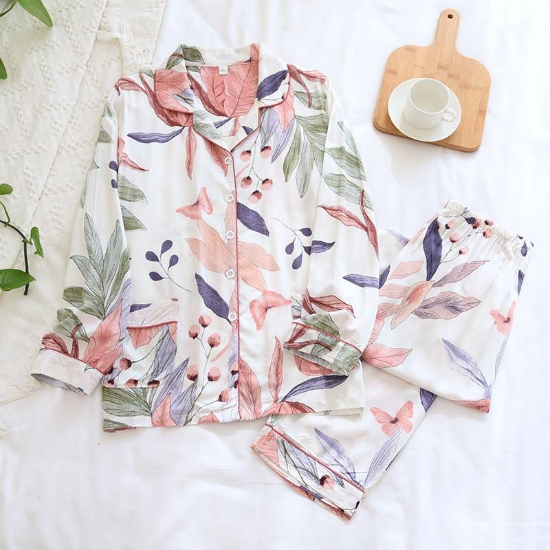 Spring/Summer New Women's Long-Sleeved Pajama Suit, 100% Viscose Long Trousers Sleepwear for Home Nightwear