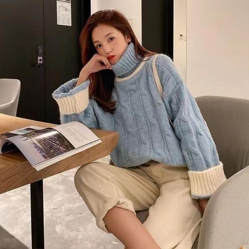 Japanese Sweet High Collar Twist Knit Sweater Autumn and Winter New Collision Color Casual Daily Sweater Female