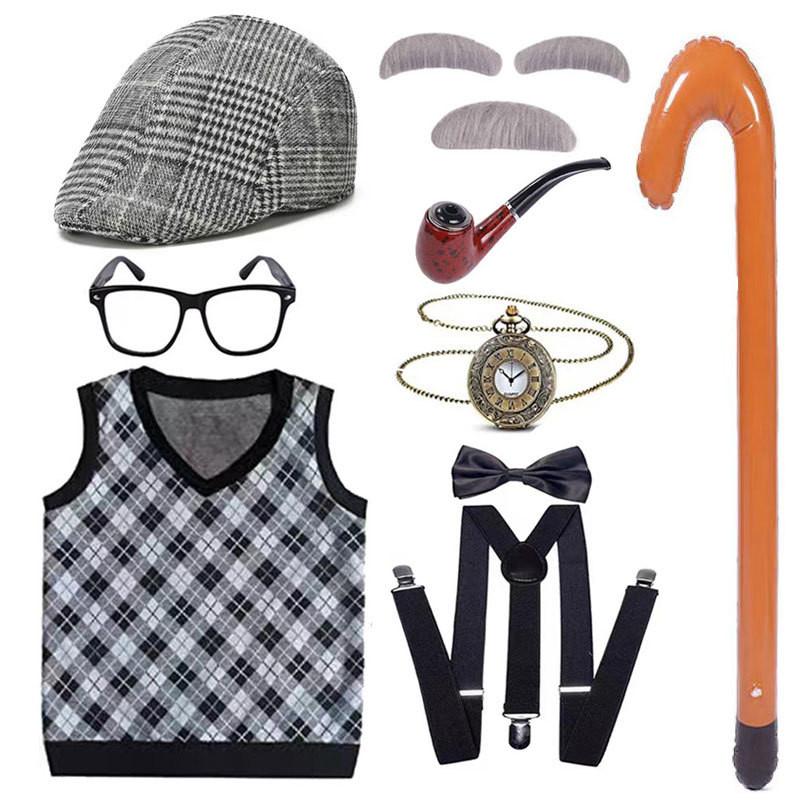 

Premium Childrens Grandpa Wig Costume Set Featuring Short Hair Beard Vest And Accessories Black Vest A,110cm