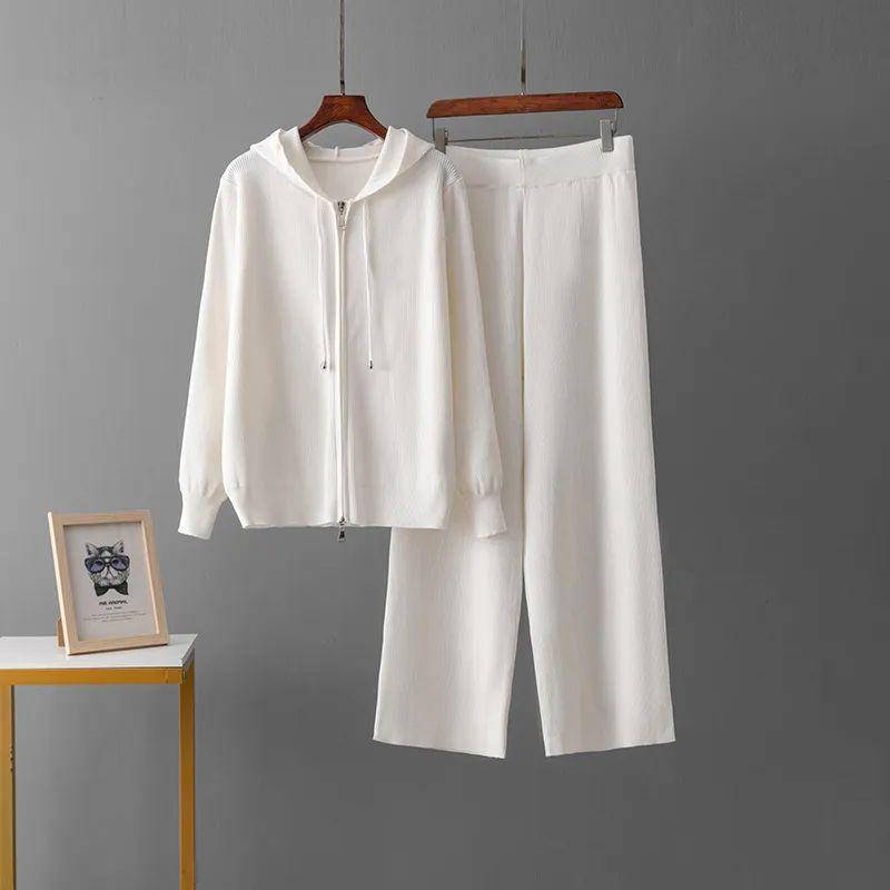 

Cross-Border Amazon Cardigan Zip-up hood Set Woolen Top + Knitted Casual Loose Pants Solid Set White One size