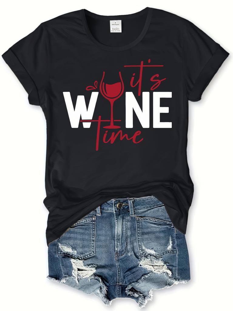 WoUnisex Casual Crew Neck TShirt with ItS Wine Time Graphic Print Geometric Pattern Harajuku Sleeve Casual Aesthetic Clothes