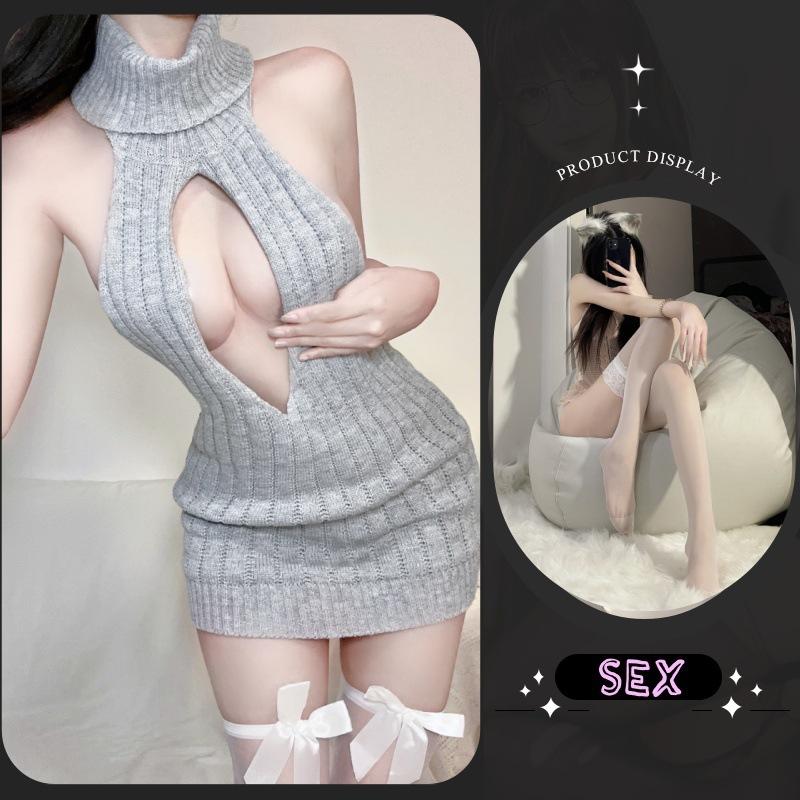 Sexy Lingerie Spring Pure Desire Backless Turtleneck Sleeveless Chest Leakage Knitted Sweater Uniform Temptation