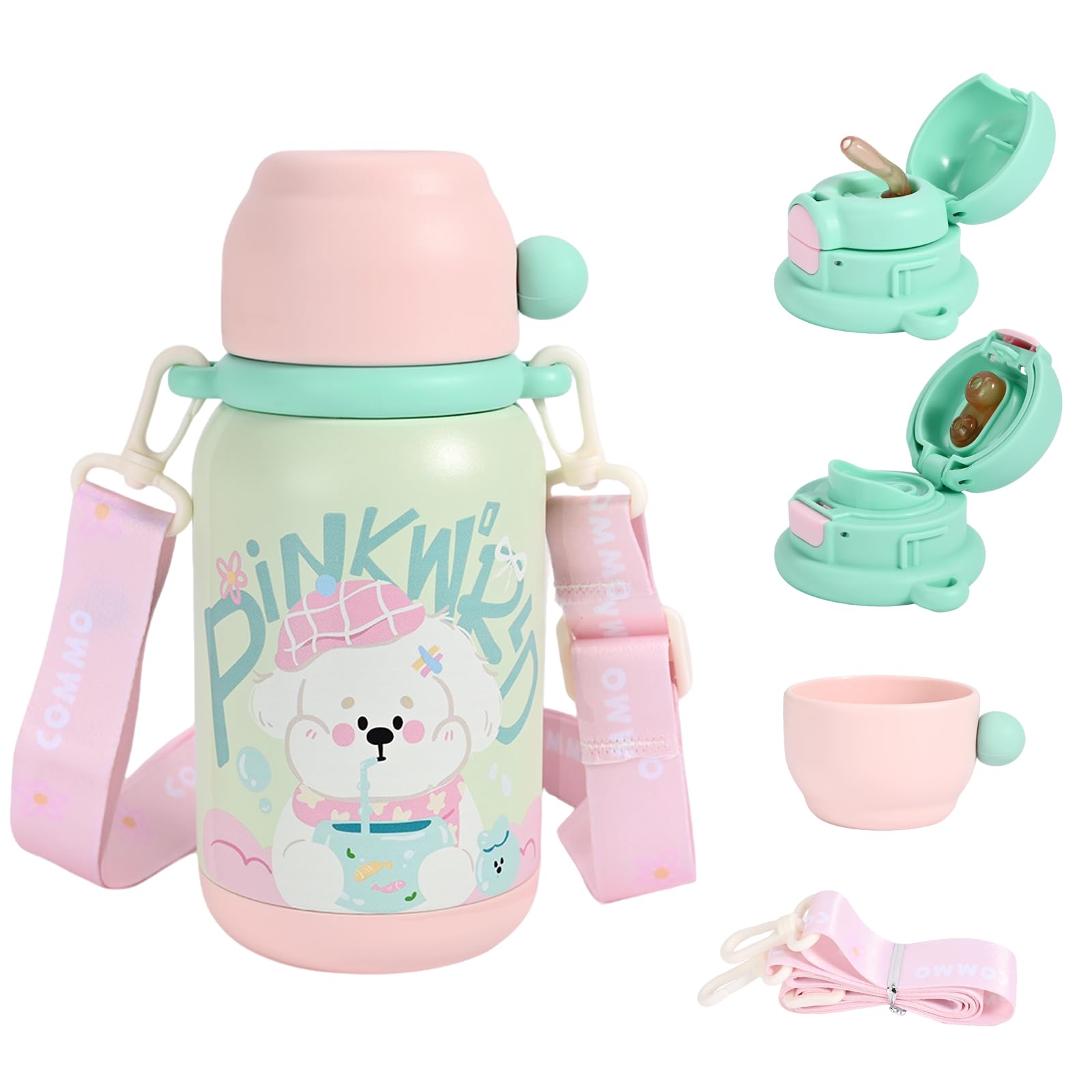 

Детская бутылка для воды Umimile 3-в-1, емкость 500 мл, с вакуумной изоляцией, термоизолированная, для питья напрямую, из чашки или через соломинку, спортивная бутылка с плечевым ремнем,