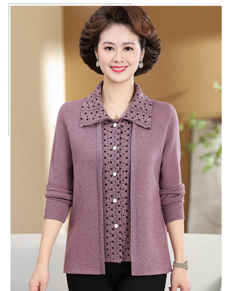 Modischer Patchwork-Strickjacke für Frauen mittleren Alters & ältere Frauen, Übergröße, Gestricktes Herbst/Winter Zweiteiler-Set