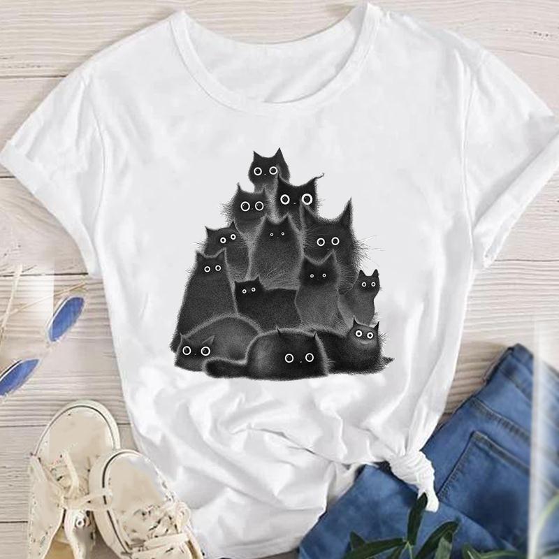 Fashion Cartoon Cat Plant Casual New Lovely Tees Women Short Sleeve Lady Female Graphic Tops Clothes Print Tshirt TShirt