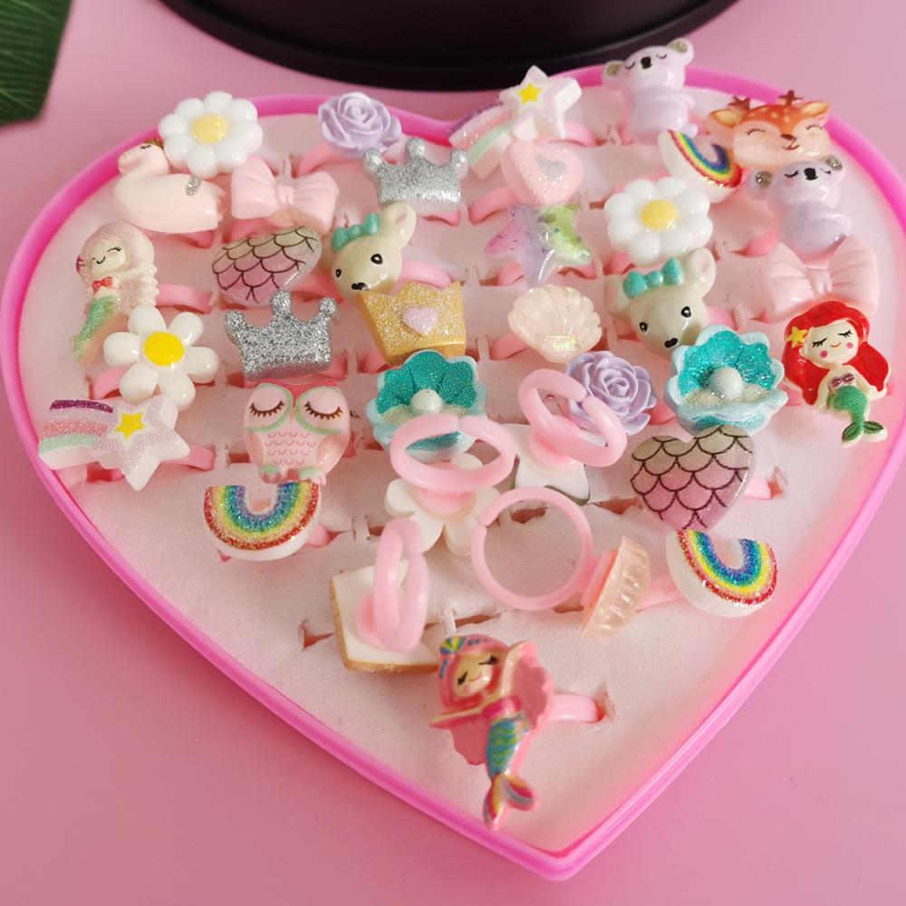 10pcs/Lot Cute Children's Cartoon Rings Glitter Flower Fruit Shape Plastic Adjustable Ope Excluding boxes