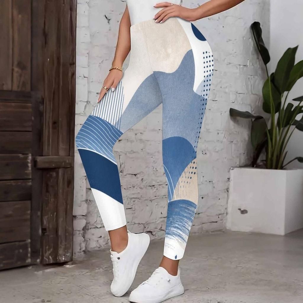 Women Plus Size High Waist Full Length Colorful Geometric Printed Yoga Leggings