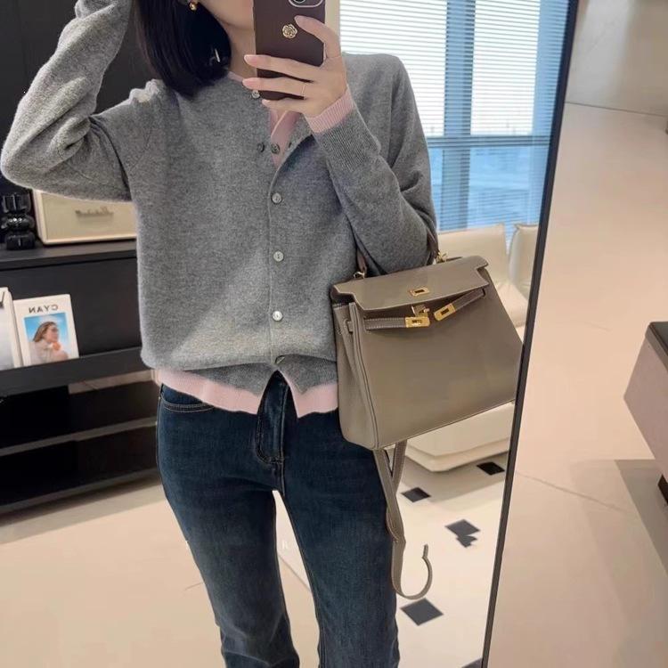 Women's French Patchwork Color Block Wool Knit Cardigan - Loose Layering Sweater Coat