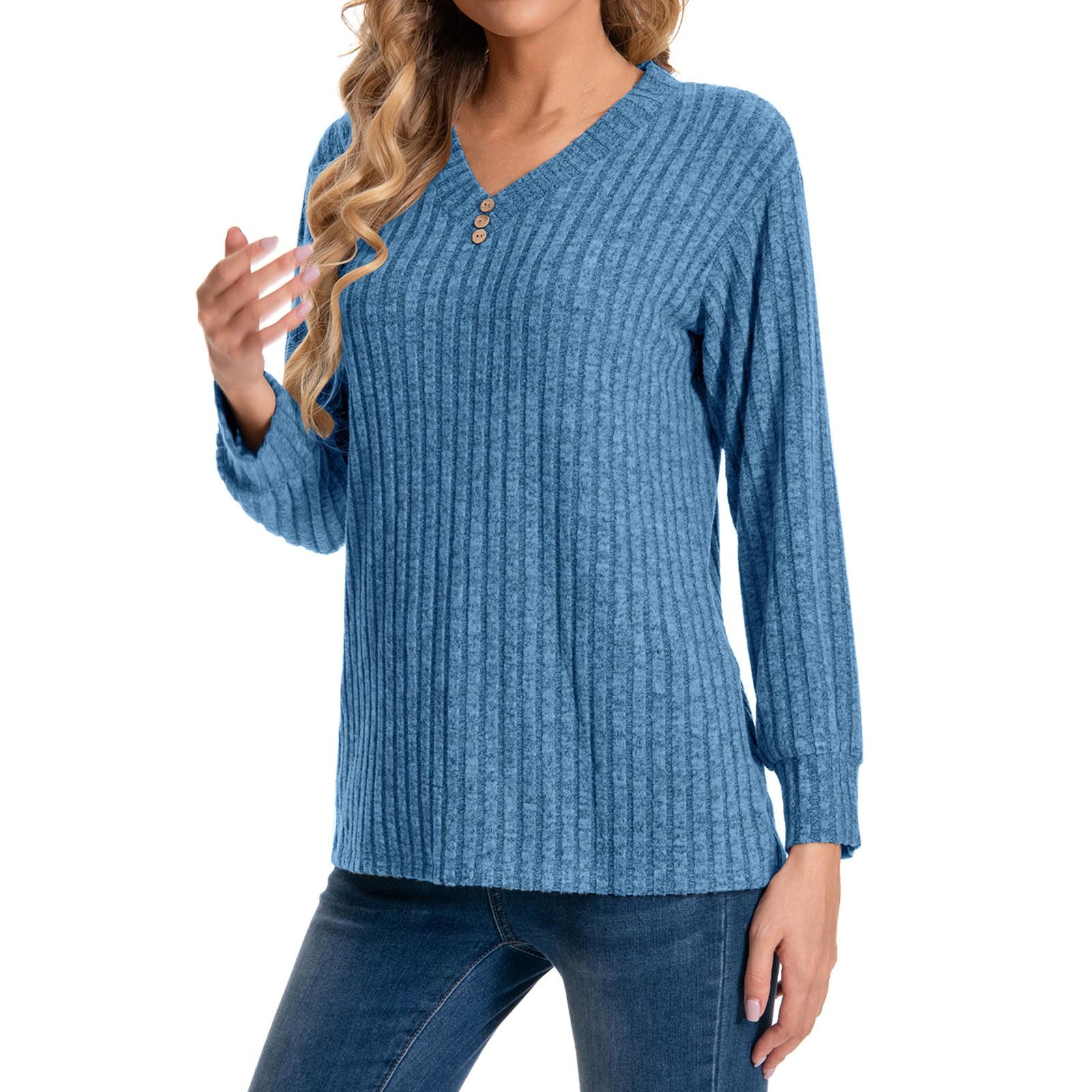 

Женская мода повседневная пуговица V-образный вырез длинный рукав однотонный тонкий удобный топ M