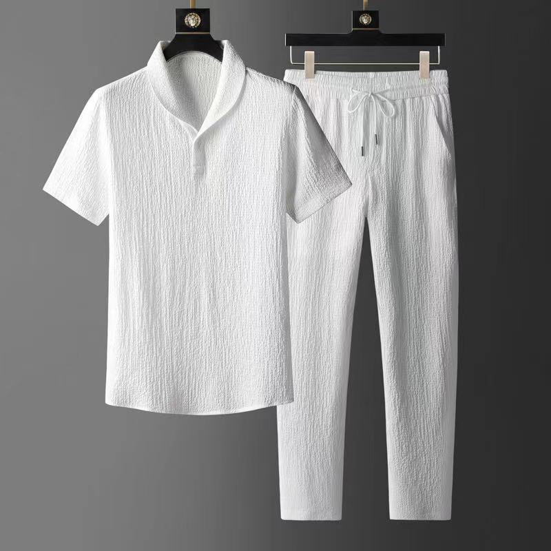 Summer Large Size Casual Short Sleeve Shirts and Long Pants 2 Pcs Tracksuit