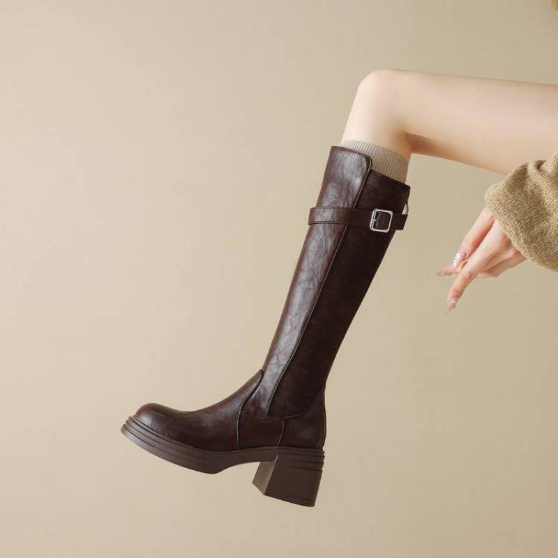 New women's thick-soled rear zipper Martin boots solid color round head high-heeled large-size leather boots autumn and winter square-heeled high boo