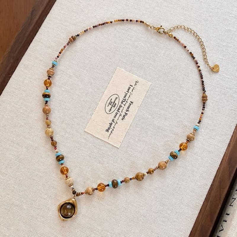 Titanium Steel Natural Stone Glass Bead Tiger Eye Stone Irregular Pendant Necklace Collar Chain