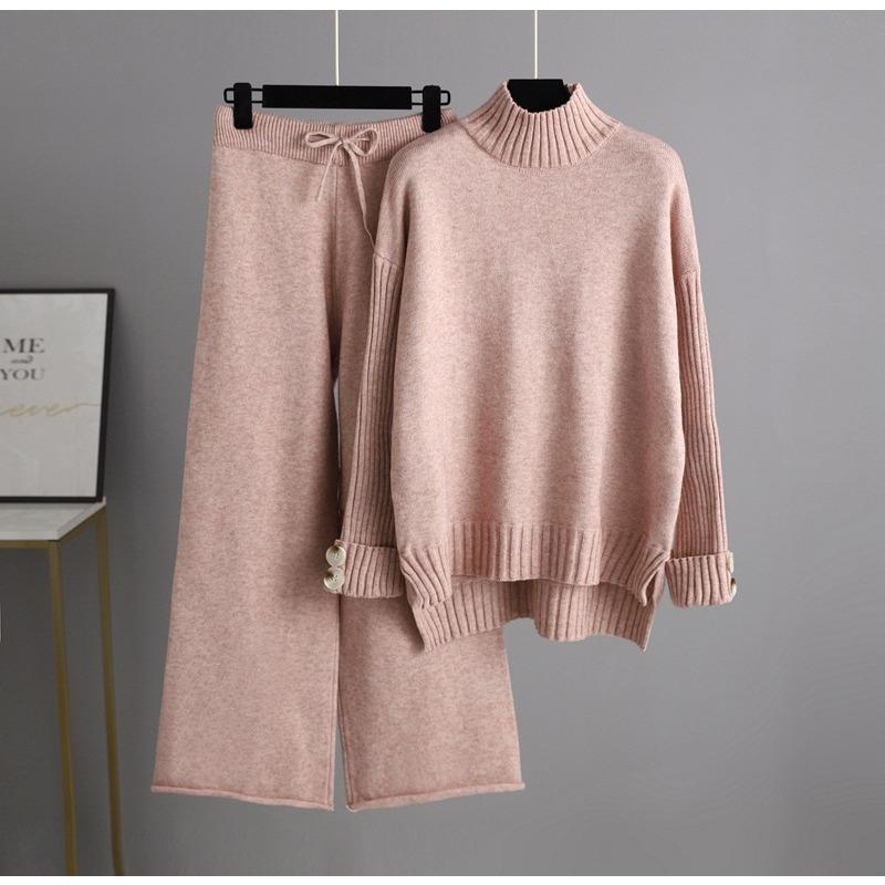 

IHUASU Autumn and Winter Knitted Set for Women: A Stylish Semi-high-neck Sweater with A Thick Layer and Loose Two-piece Outerwear One Size рожевий