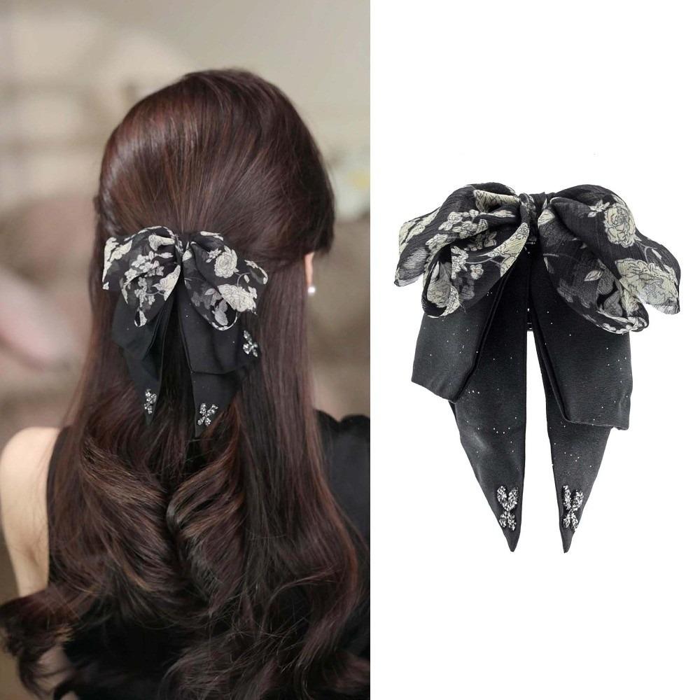 French Style Black Bow Shark Clip Elegant Women Sequin Hairgrips Shiny Rhinestone Hair Claw  Daily