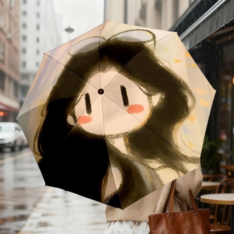 Charming Cartoon Girl with Bowknot - Umbrella Design for Outdoor Adventures, Auto-Opening Protection, Lightweight and Durable Travel Accessory 184