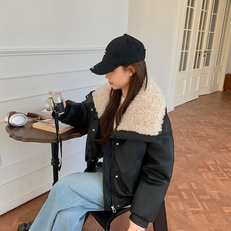 All-match Lambskin Cotton-padded Jacket Women's Short Lamb Wool Down Cotton-padded Jacket Winter Fur Collar Cotton-padded Jacket