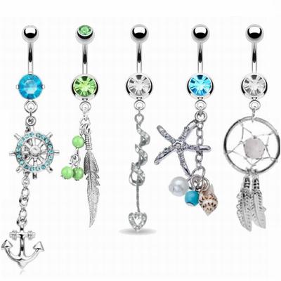 New 5 -Piece Blue Pearl Belly Button Buckle European And American Stainless Steel Inlaid Loose Belly Navel Loop Starfish Pirate Love