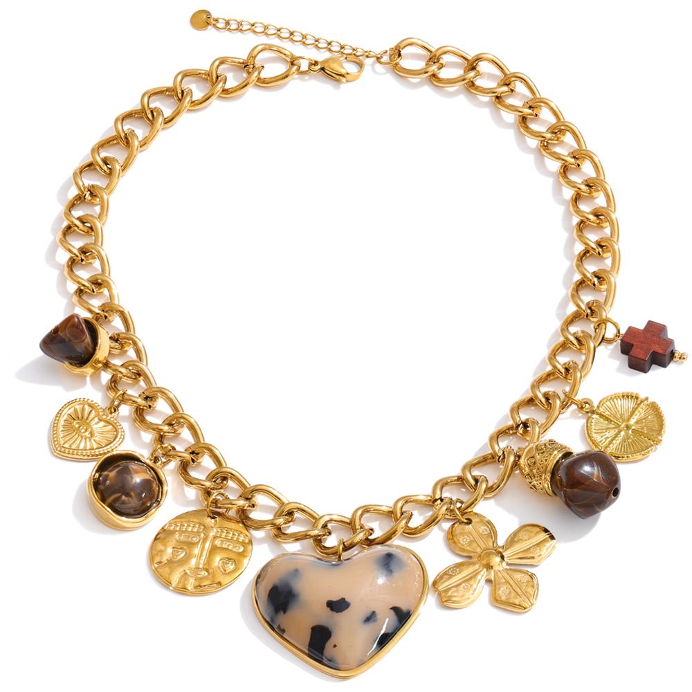 

Yhpup Stainless Steel Resin Wood Heart Flower Drop Necklace 2026 New Arrivals Handmade Statement Charm Jewelry Waterproof