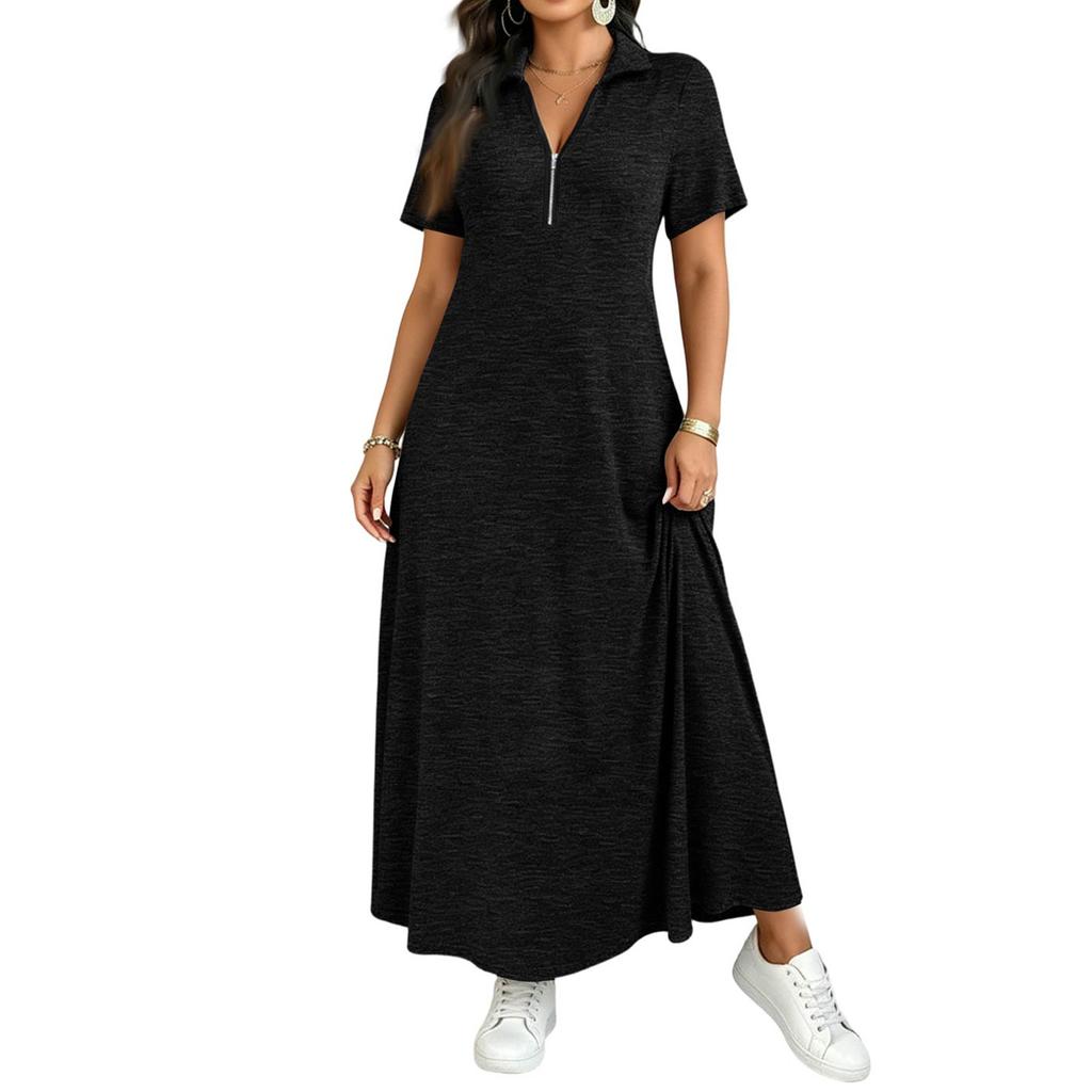 Women Short Sleeve Polo Collar Maxi Dress with Front Zipper Casual Solid Color Long Dress for Spring Summer French Style