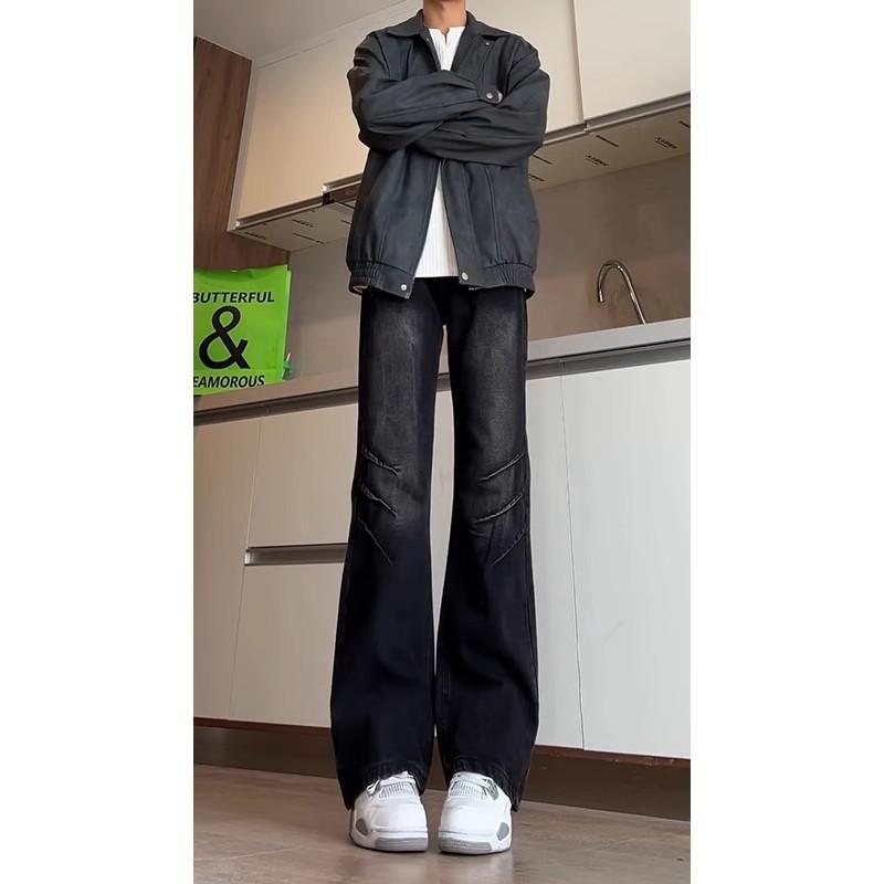 Black pleated scimitar jeans men's American high street vibe pants washed retro slim straight micro-pull pants