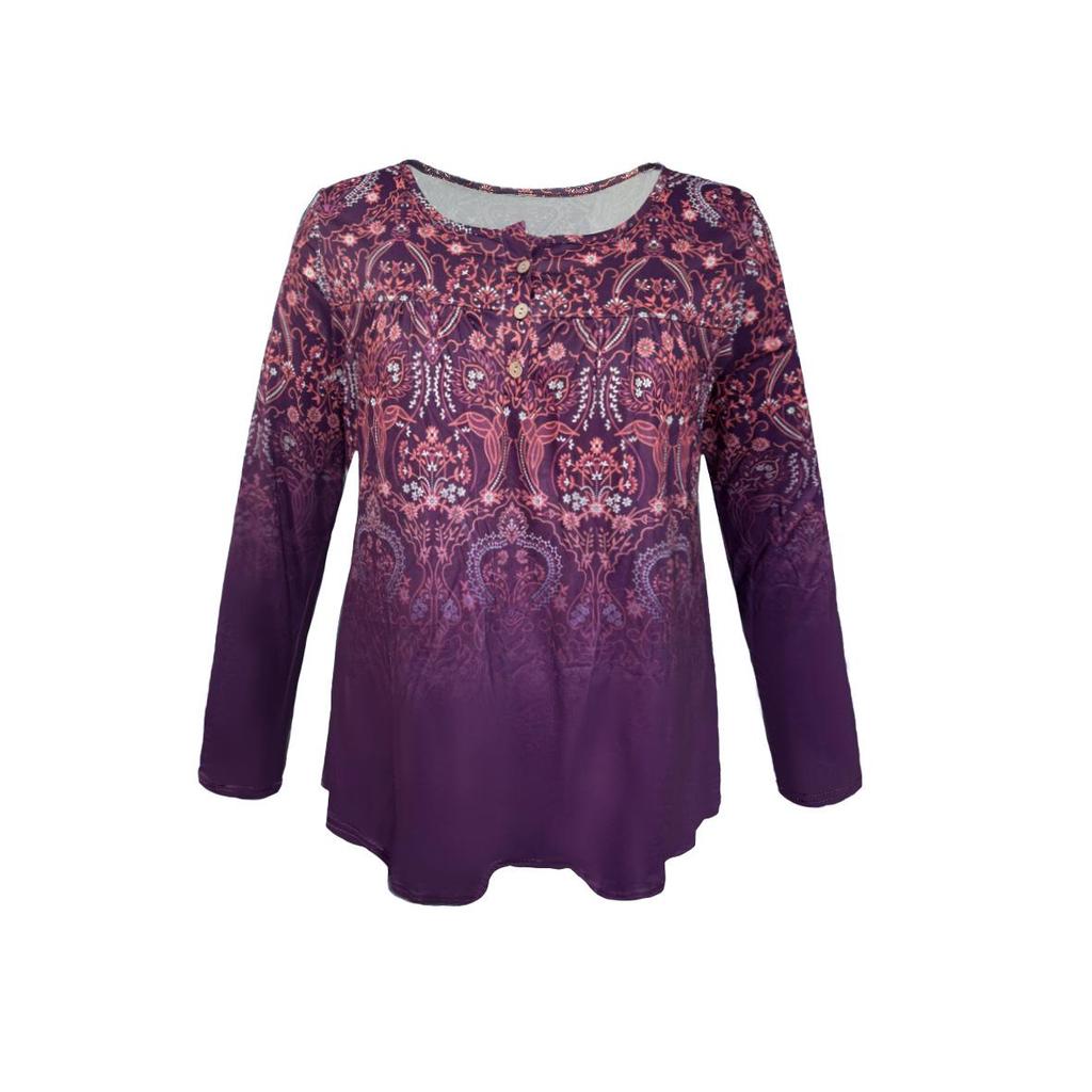 2025 Europäische & Amerikanische Übergröße Herbst Damen Print Knopf Langarm Oberteil T-Shirt